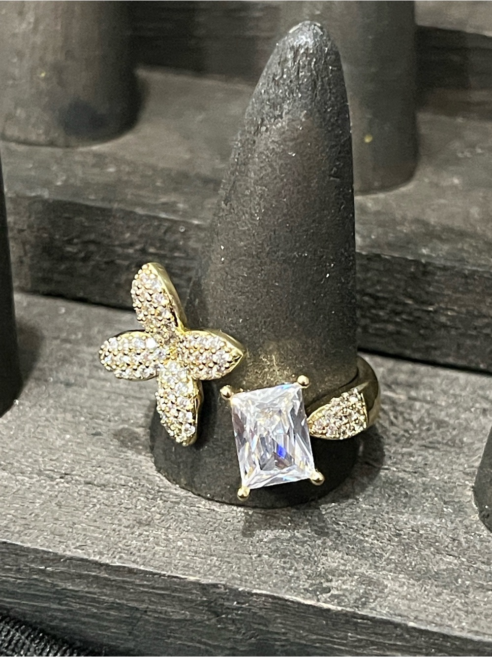 Gold Butterfly Ring with Clear Stones - Women's Fashion Jewelry